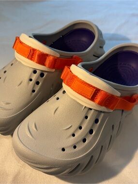 Lightweight Crocs with Orange Strap - Grey Purple Interior W9, M7